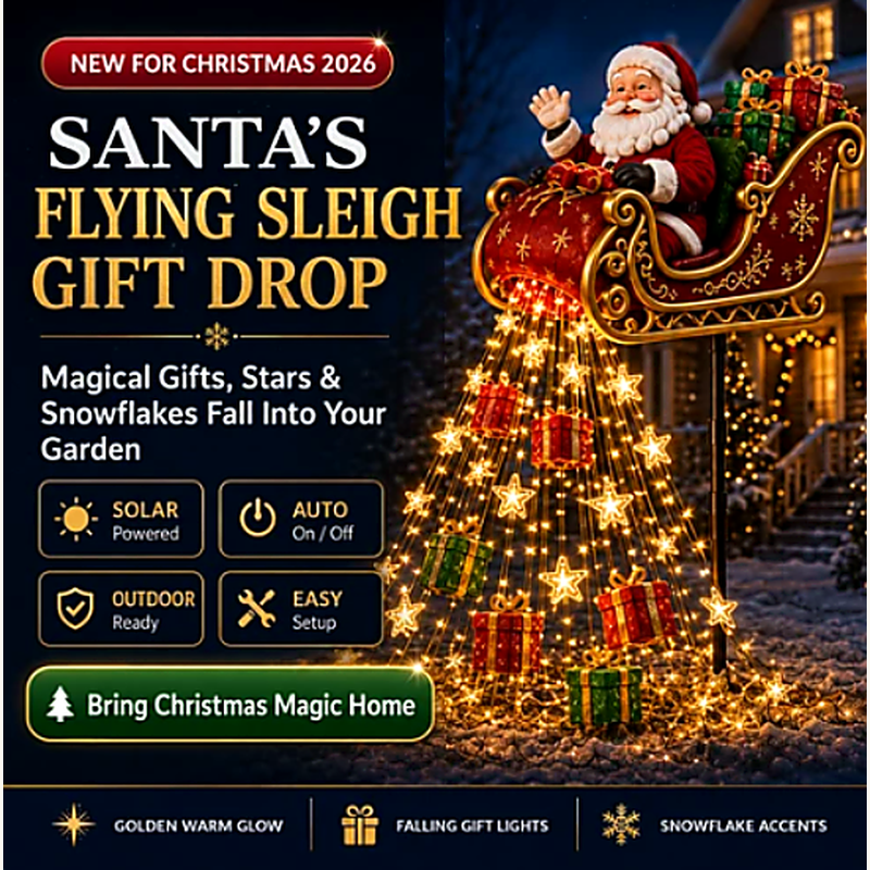 ✨ 2026 New Santa’s Flying Sleigh Gift Cascade – Solar Christmas Garden Light